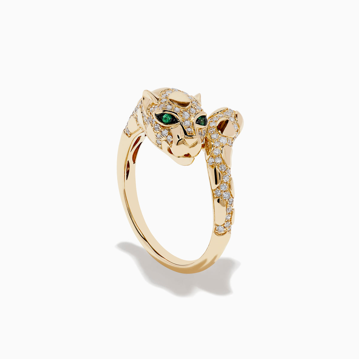 The Signature 14K Yellow Gold Emerald and Diamond Panther Ring wraps around the finger, featuring emerald gemstone eyes, black enamel accents, and small white diamonds on a plain white background.