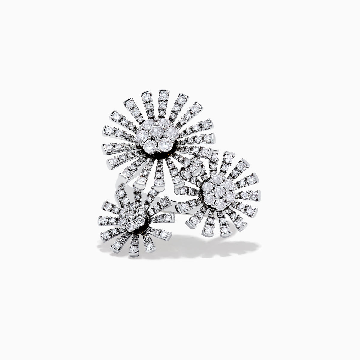 The Bouquet 14K White Gold Flower Ring 1.59 TCW features three overlapping blooms, each with a cluster of sparkling diamonds and diamond-studded petals, elegantly crafted in 14K white gold and inspired by Effy Bouquet’s timeless elegance.