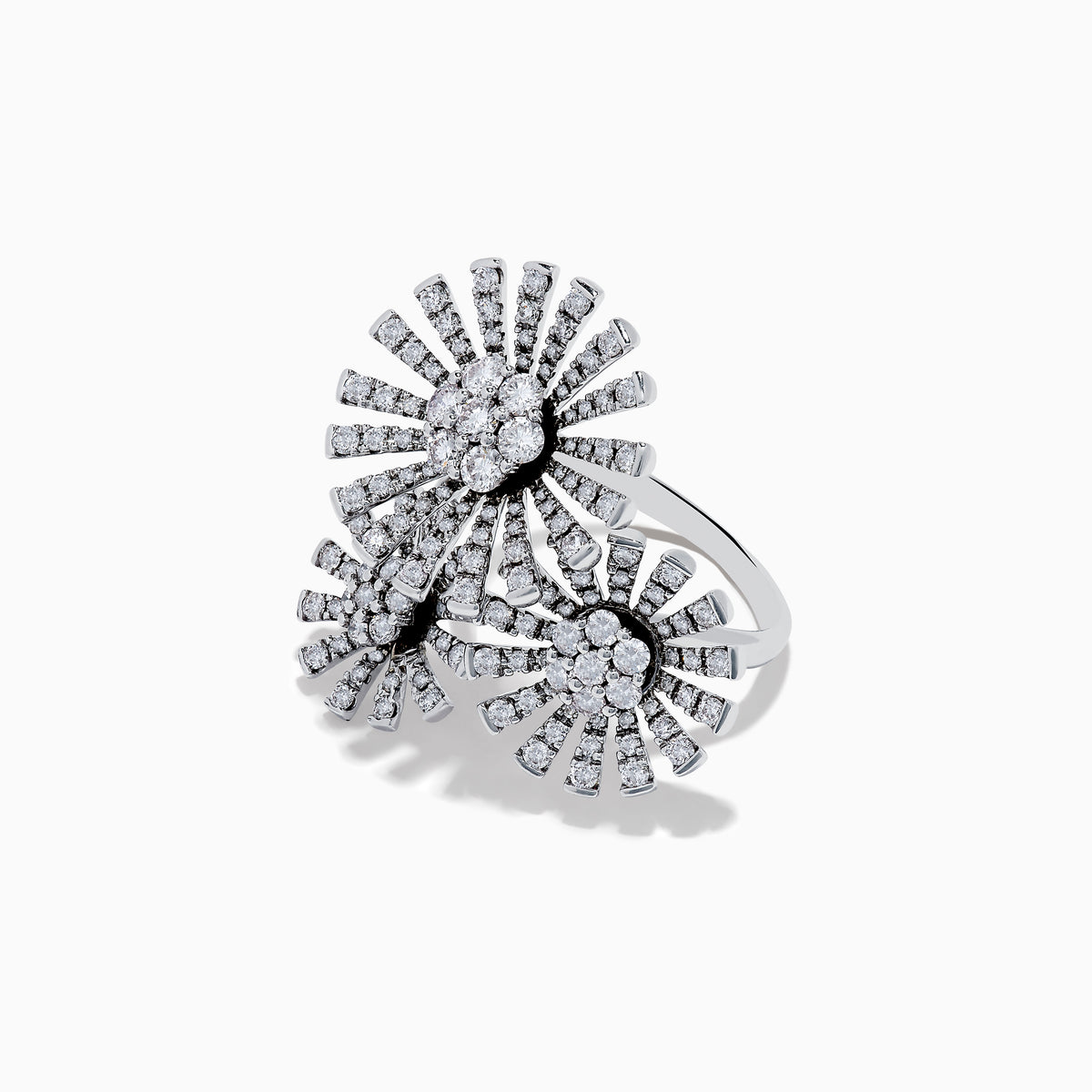 The Bouquet 14K White Gold Flower Ring 1.59 TCW features three overlapping blooms, each with a cluster of sparkling diamonds and diamond-studded petals, elegantly crafted in 14K white gold and inspired by Effy Bouquet’s timeless elegance.