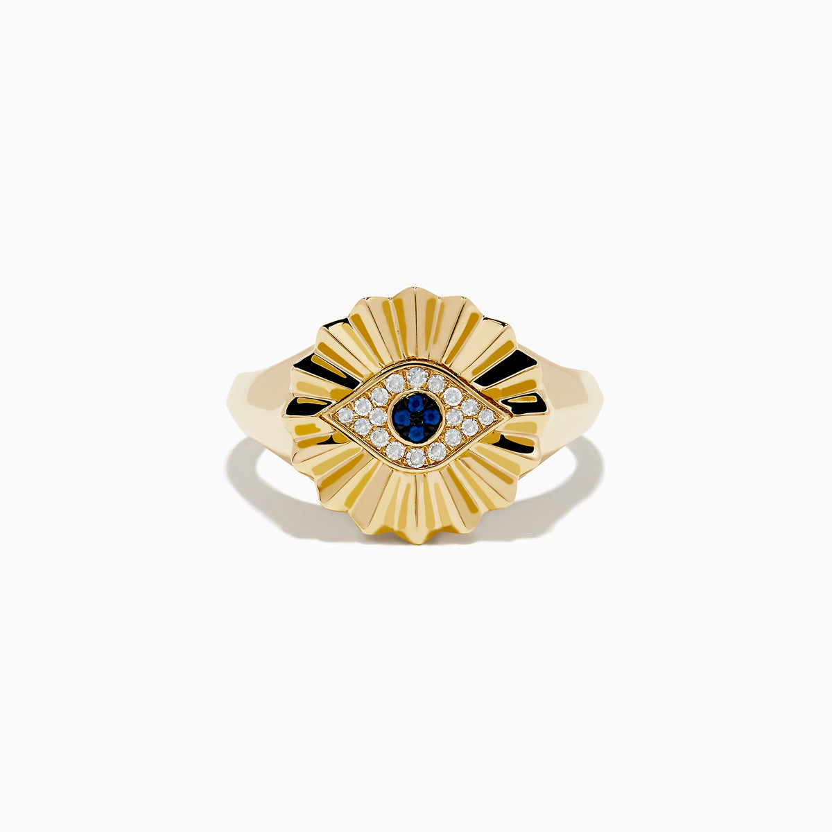 The 14K Yellow Gold Sapphire and Diamond Evil Eye Ring features a sunburst design with a central diamond evil eye, accented by blue sapphires and white gemstones.