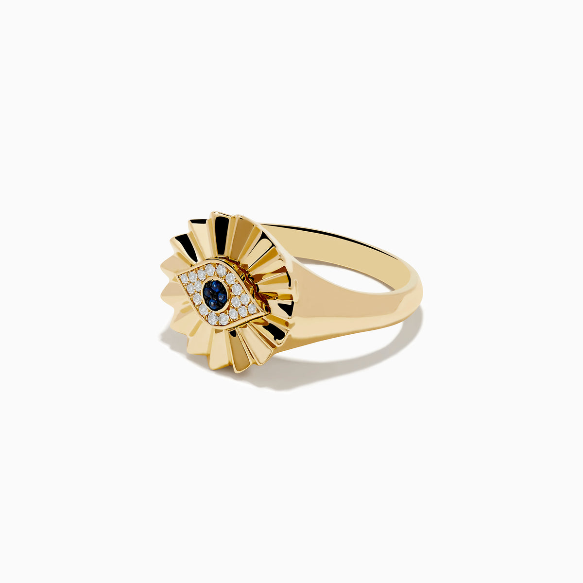 The 14K Yellow Gold Sapphire and Diamond Evil Eye Ring features a sunburst design with a central diamond evil eye, accented by blue sapphires and white gemstones.