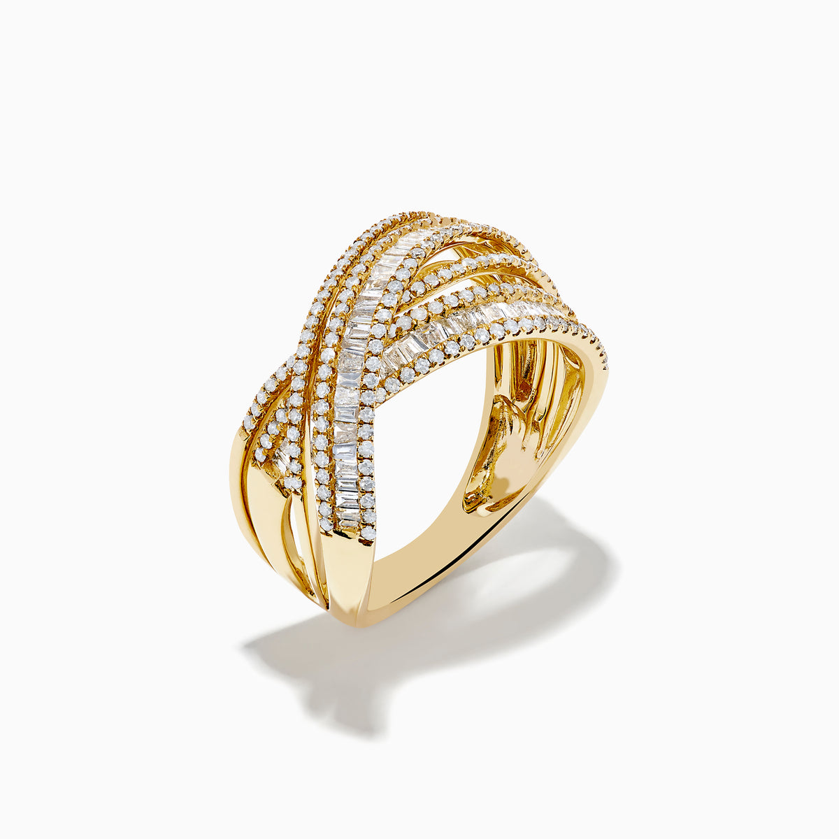 The DOro 14K Yellow Gold Diamond Criss Cross Ring features multiple bands embellished with sparkling white diamonds for an elegant, intricate look.