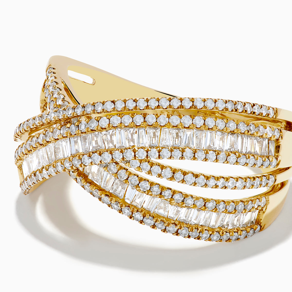 The DOro 14K Yellow Gold Diamond Criss Cross Ring features multiple bands embellished with sparkling white diamonds for an elegant, intricate look.