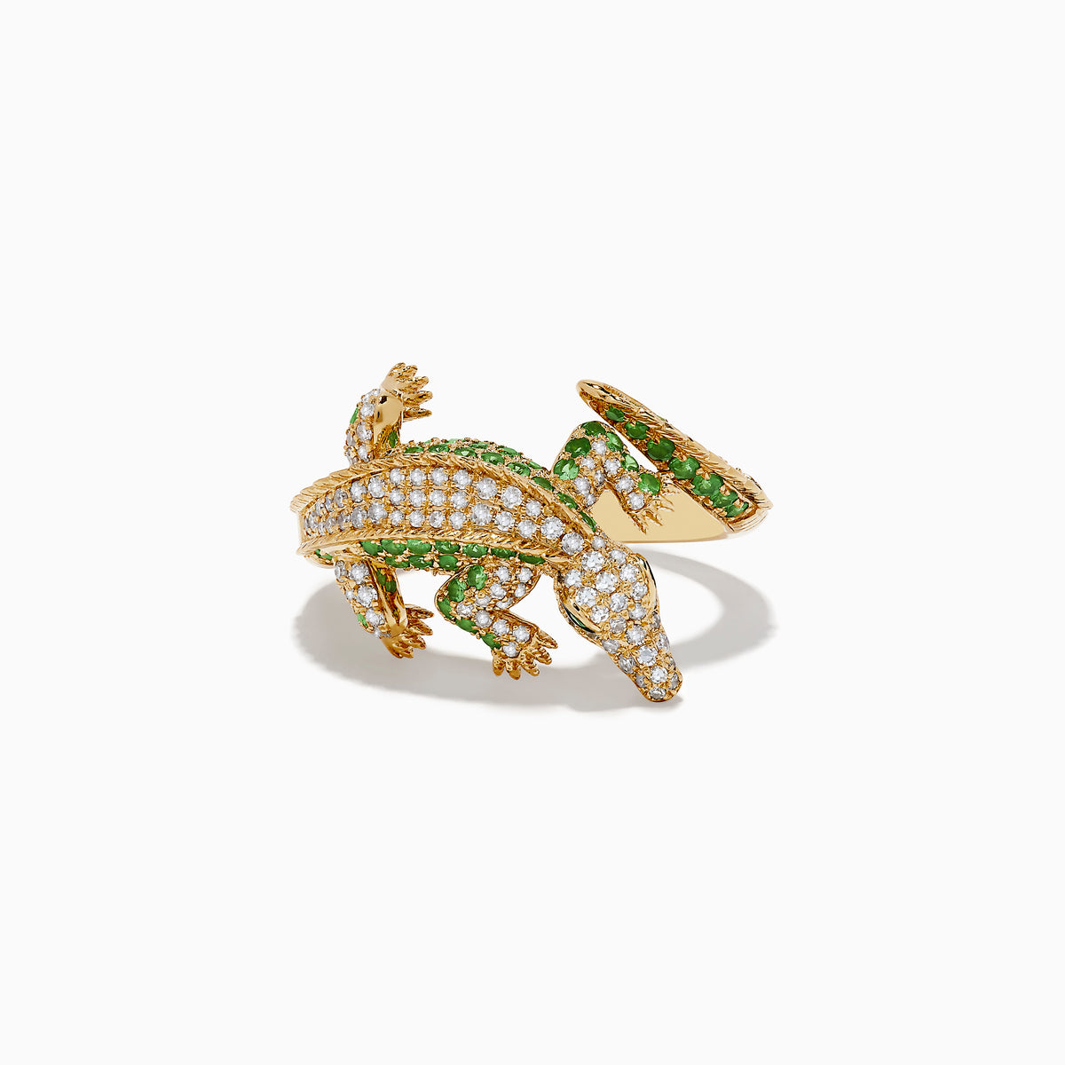 The Safari 14K Yellow Gold Crocodile Ring features sparkling diamonds, tsavorites, and emeralds for a luxurious, eye-catching look.