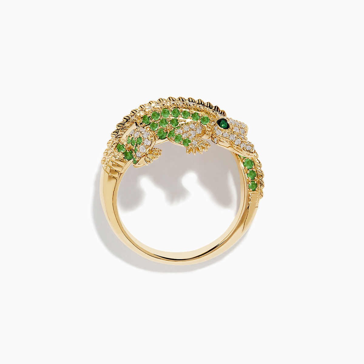 The Safari 14K Yellow Gold Crocodile Ring features sparkling diamonds, tsavorites, and emeralds for a luxurious, eye-catching look.