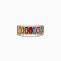 The Watercolors 14K Yellow Multi Sapphire and Diamond Ring by Effy showcases rectangular pink, green, blue, orange, and purple sapphires in a row, accented by sparkling white diamonds.