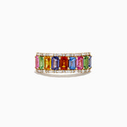 The Watercolors 14K Yellow Multi Sapphire and Diamond Ring by Effy showcases rectangular pink, green, blue, orange, and purple sapphires in a row, accented by sparkling white diamonds.