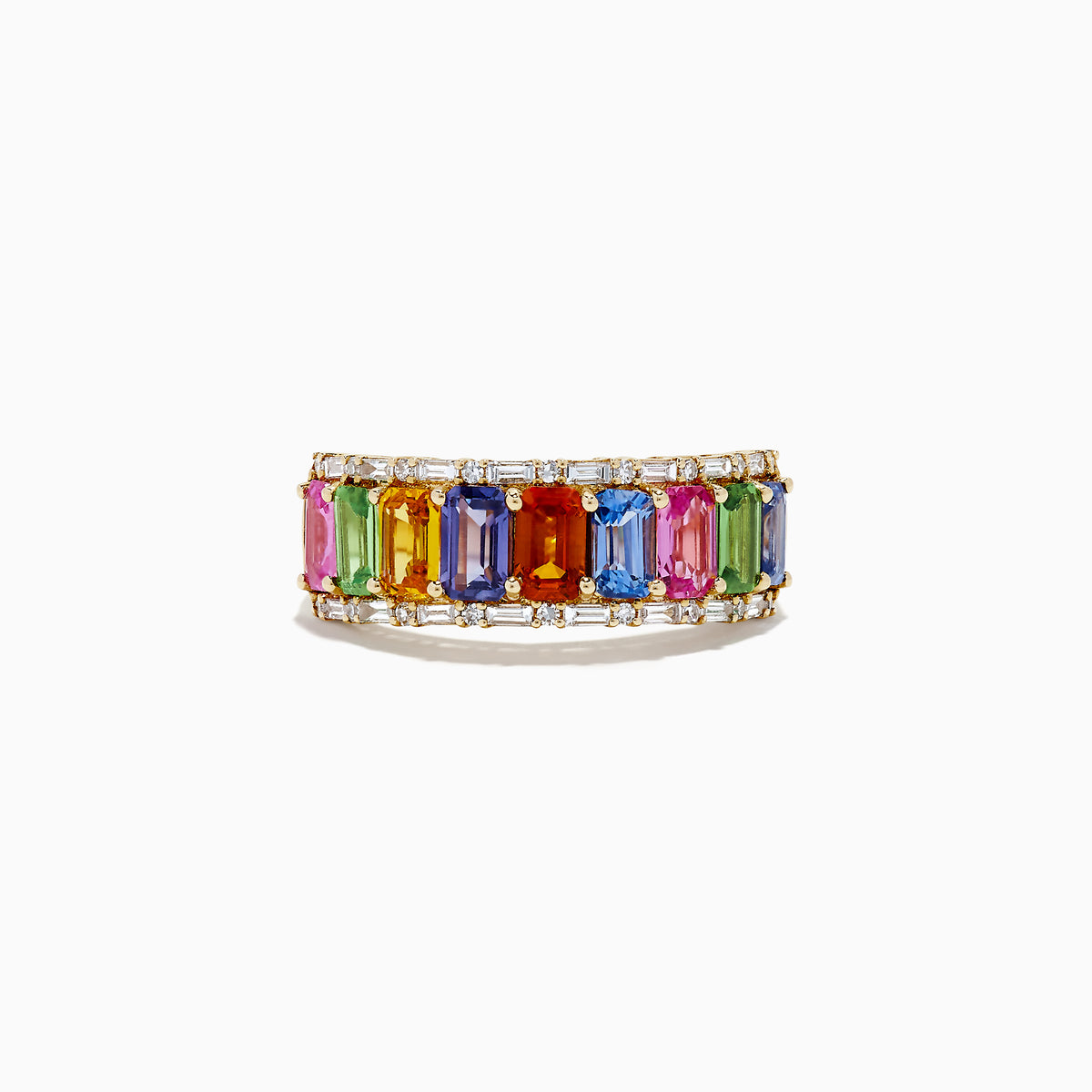 The Watercolors 14K Yellow Multi Sapphire and Diamond Ring by Effy showcases rectangular pink, green, blue, orange, and purple sapphires in a row, accented by sparkling white diamonds.
