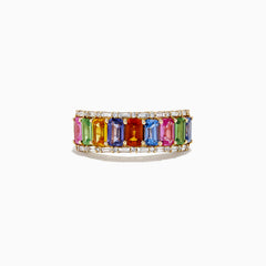 The Watercolors 14K Yellow Multi Sapphire and Diamond Ring by Effy showcases rectangular pink, green, blue, orange, and purple sapphires in a row, accented by sparkling white diamonds.