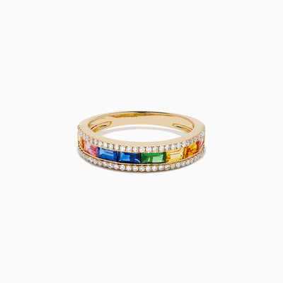 The Watercolors 14K Yellow Gold Multi Sapphire and Diamond Stacking Band showcases a row of rainbow-hued, square-cut sapphires flanked by sparkling white diamonds along the edges, set against a white background.