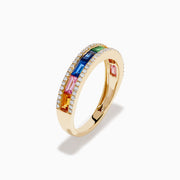 The Watercolors 14K Yellow Gold Multi Sapphire and Diamond Stacking Band showcases a row of rainbow-hued, square-cut sapphires flanked by sparkling white diamonds along the edges, set against a white background.