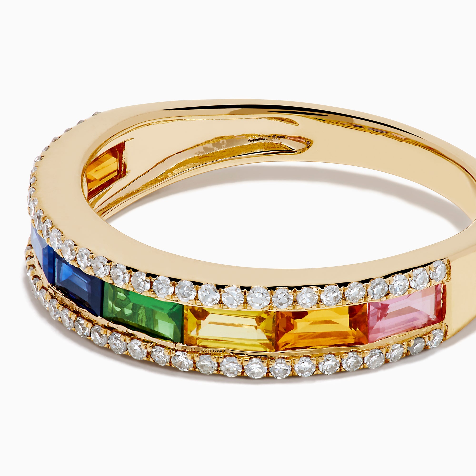 The Watercolors 14K Yellow Gold Multi Sapphire and Diamond Stacking Band showcases a row of rainbow-hued, square-cut sapphires flanked by sparkling white diamonds along the edges, set against a white background.