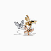 The Trio 14K White, Pink and Yellow Gold Diamond Butterfly Ring showcases three gold butterflies adorned with diamonds, set against a white background.
