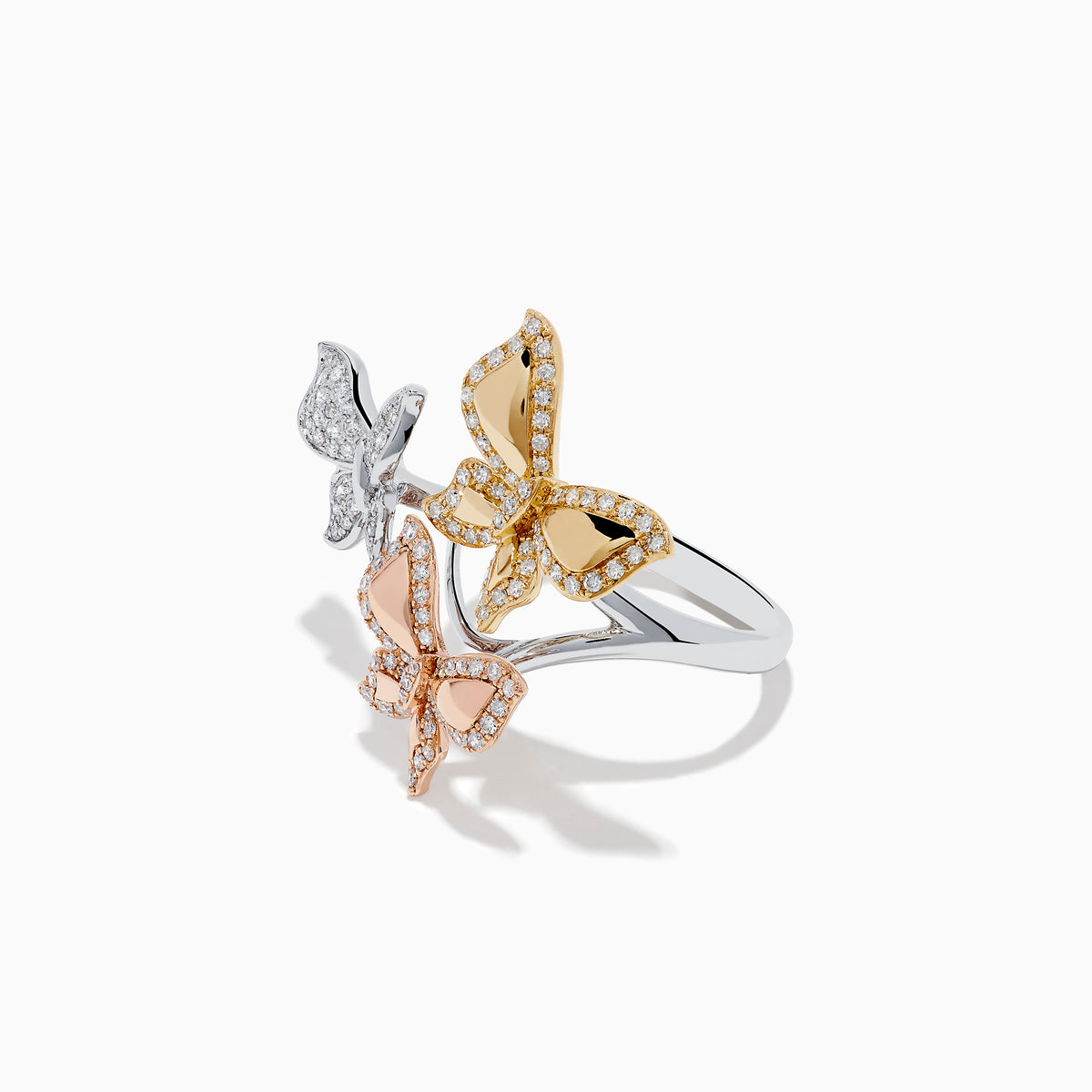 The Trio 14K White, Pink and Yellow Gold Diamond Butterfly Ring showcases three gold butterflies adorned with diamonds, set against a white background.