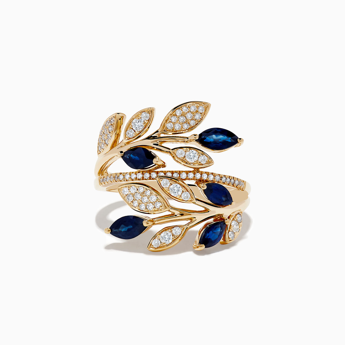 The Royale Bleu 14K Yellow Gold Blue Sapphire and Diamond Leaf Ring features overlapping leafy branches set with small white diamonds and several marquise-cut deep blue sapphires.