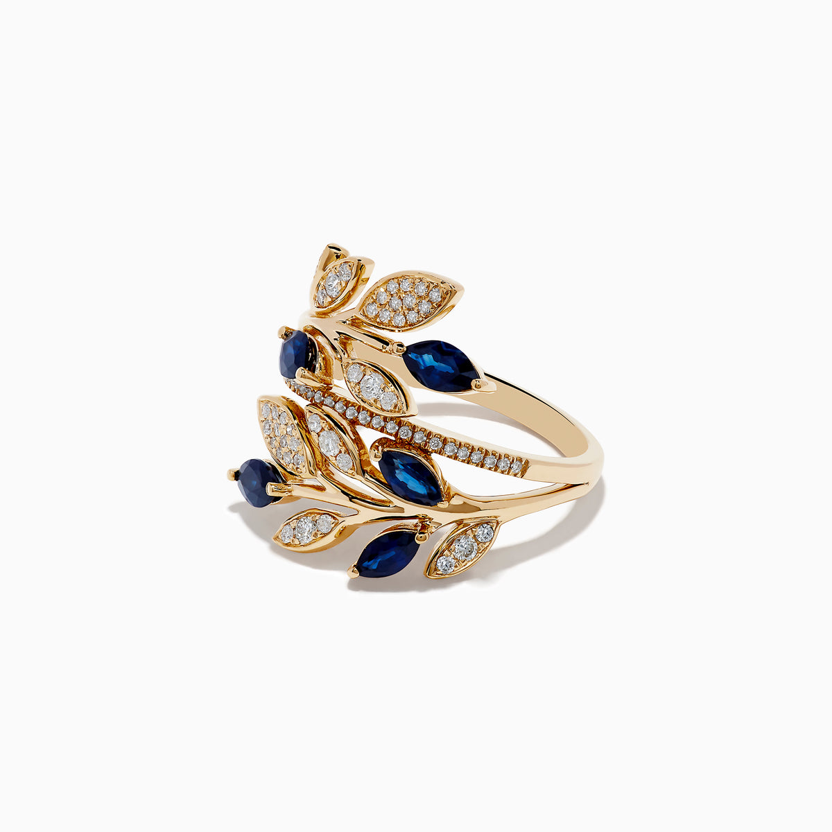 The Royale Bleu 14K Yellow Gold Blue Sapphire and Diamond Leaf Ring features overlapping leafy branches set with small white diamonds and several marquise-cut deep blue sapphires.