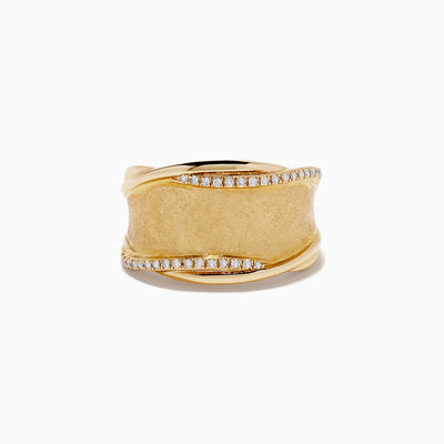 The DOro 14K Brushed Yellow Gold Diamond Accented Ring features a wide band with a brushed texture and two curved lines of sparkling diamonds along the top and bottom edges—a stunning piece from Effy.