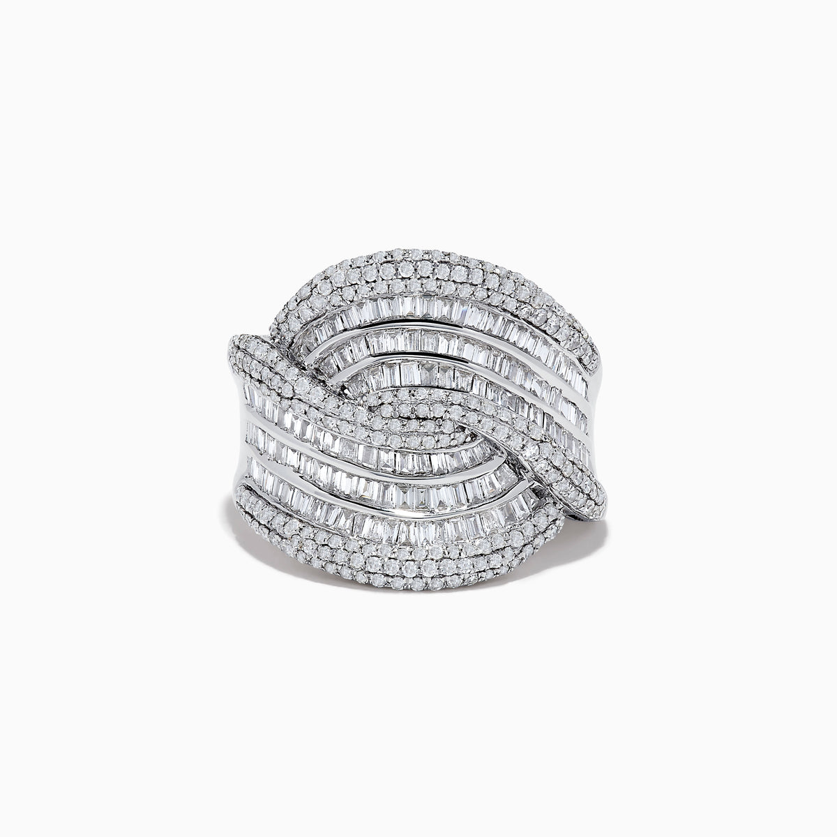 The 14K White Gold Diamond Statement Ring features overlapping, wavy rows of baguette and round diamonds, creating an elegant, textured design against a plain white background.