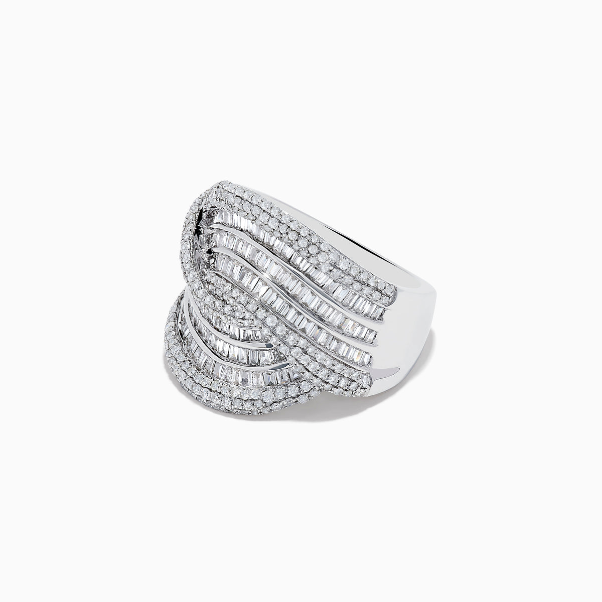 The 14K White Gold Diamond Statement Ring features overlapping, wavy rows of baguette and round diamonds, creating an elegant, textured design against a plain white background.