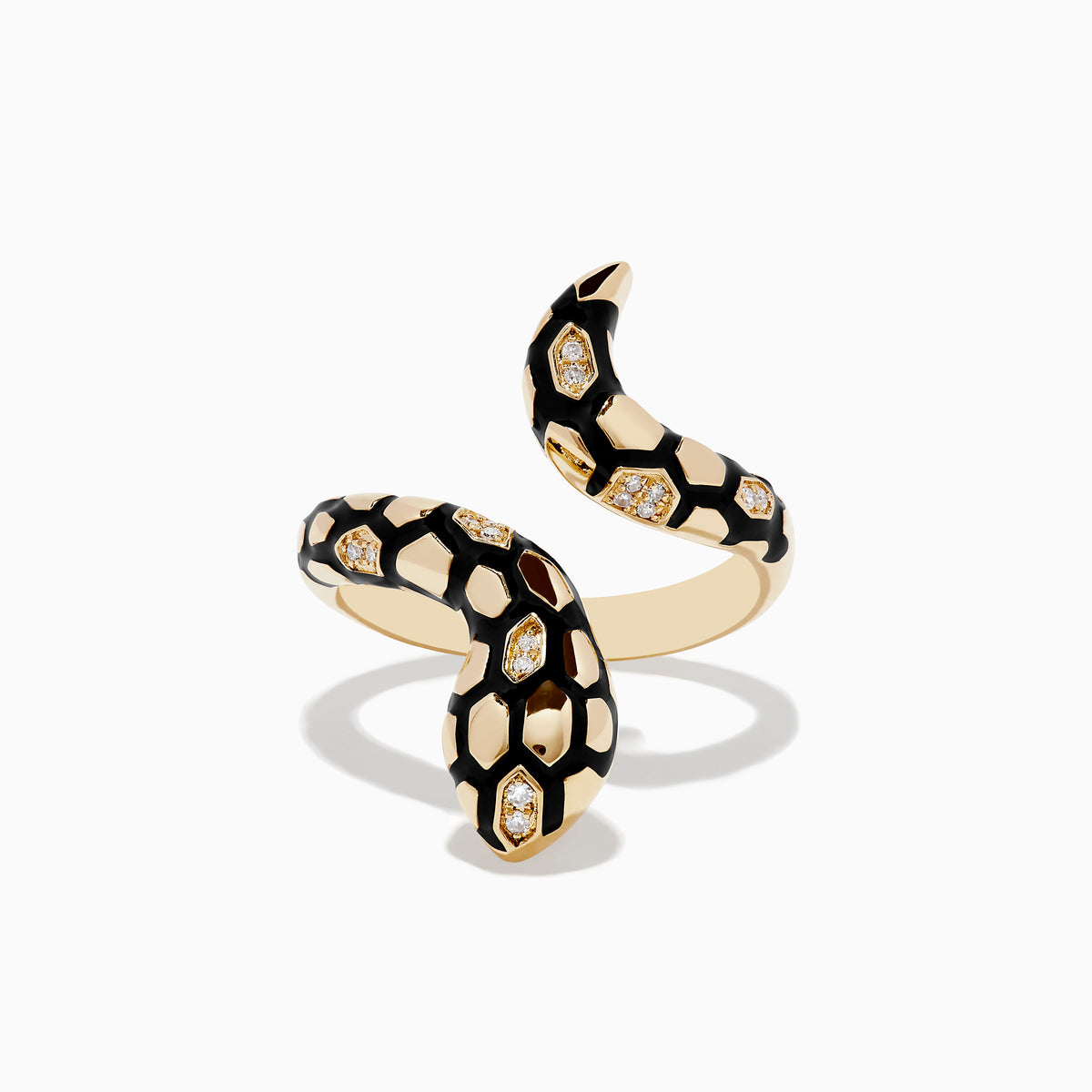 The Safari 14K Yellow Gold Diamond and Enamel Ring features a snake design with black enamel spots and round diamonds on the body and head, shown against a white background.