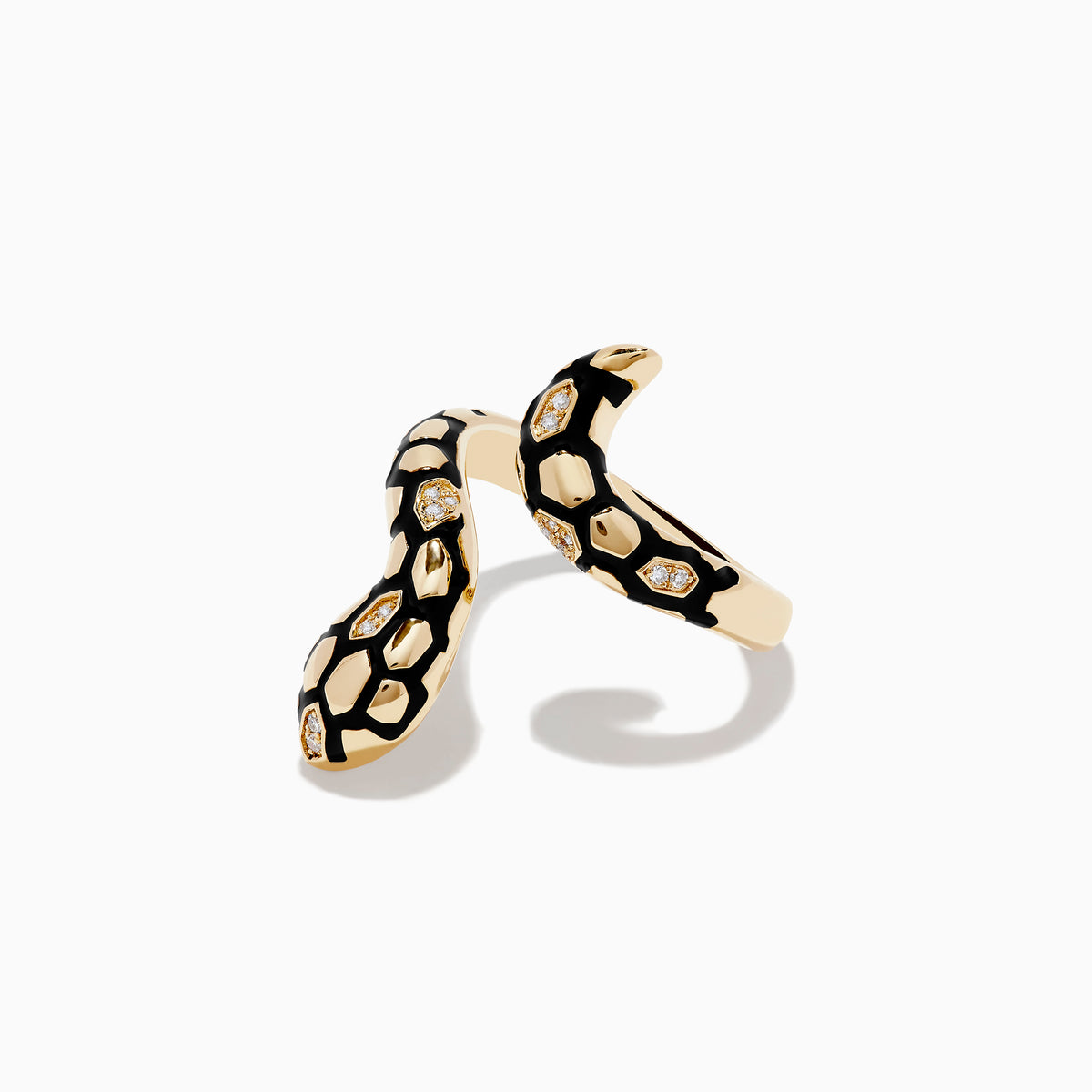 The Safari 14K Yellow Gold Diamond and Enamel Ring features a snake design with black enamel spots and round diamonds on the body and head, shown against a white background.