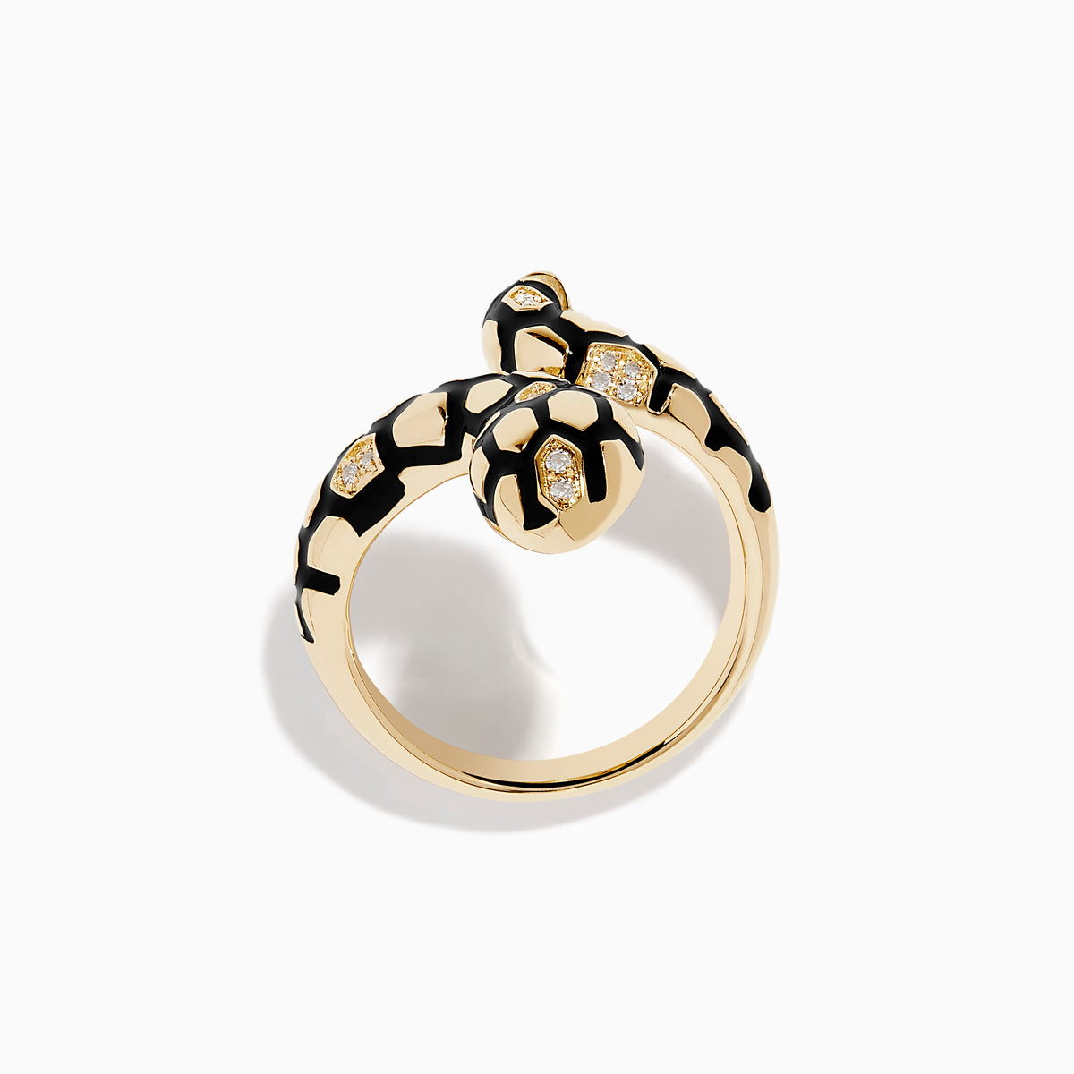 The Safari 14K Yellow Gold Diamond and Enamel Ring features a snake design with black enamel spots and round diamonds on the body and head, shown against a white background.