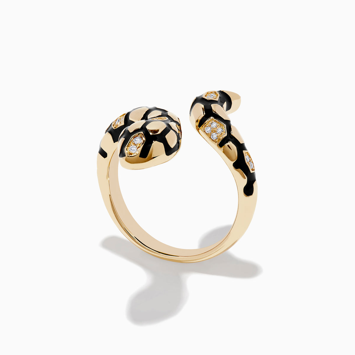The Safari 14K Yellow Gold Diamond and Enamel Ring features a snake design with black enamel spots and round diamonds on the body and head, shown against a white background.