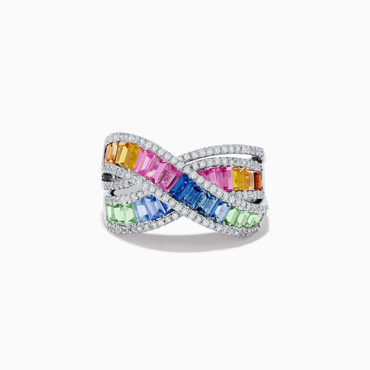 The Watercolors 14K White Gold Multi Sapphire and Diamond Crossover Ring features interwoven bands of pink, yellow, orange, blue, and green sapphires bordered by sparkling white diamonds on a white gold setting.