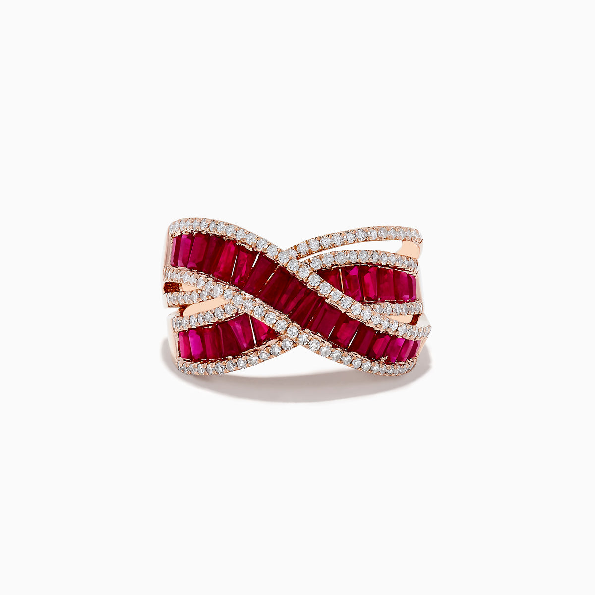 The Ruby Royale 14K Rose Gold Baguette Cut Ruby and Diamond Crossover Ring features two rows of rectangular rubies crossed with sparkling white diamonds in an elegant, intertwined rose gold design.