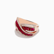 The Ruby Royale 14K Rose Gold Baguette Cut Ruby and Diamond Crossover Ring features two rows of rectangular rubies, bordered by delicate white diamonds in a crisscross, layered design against a white background.