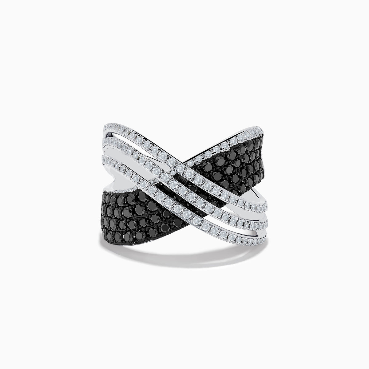 The 14K White Gold White and Black Diamond Criss Cross Ring features an overlapping wide band with alternating rows of black and white diamonds set in polished white gold.