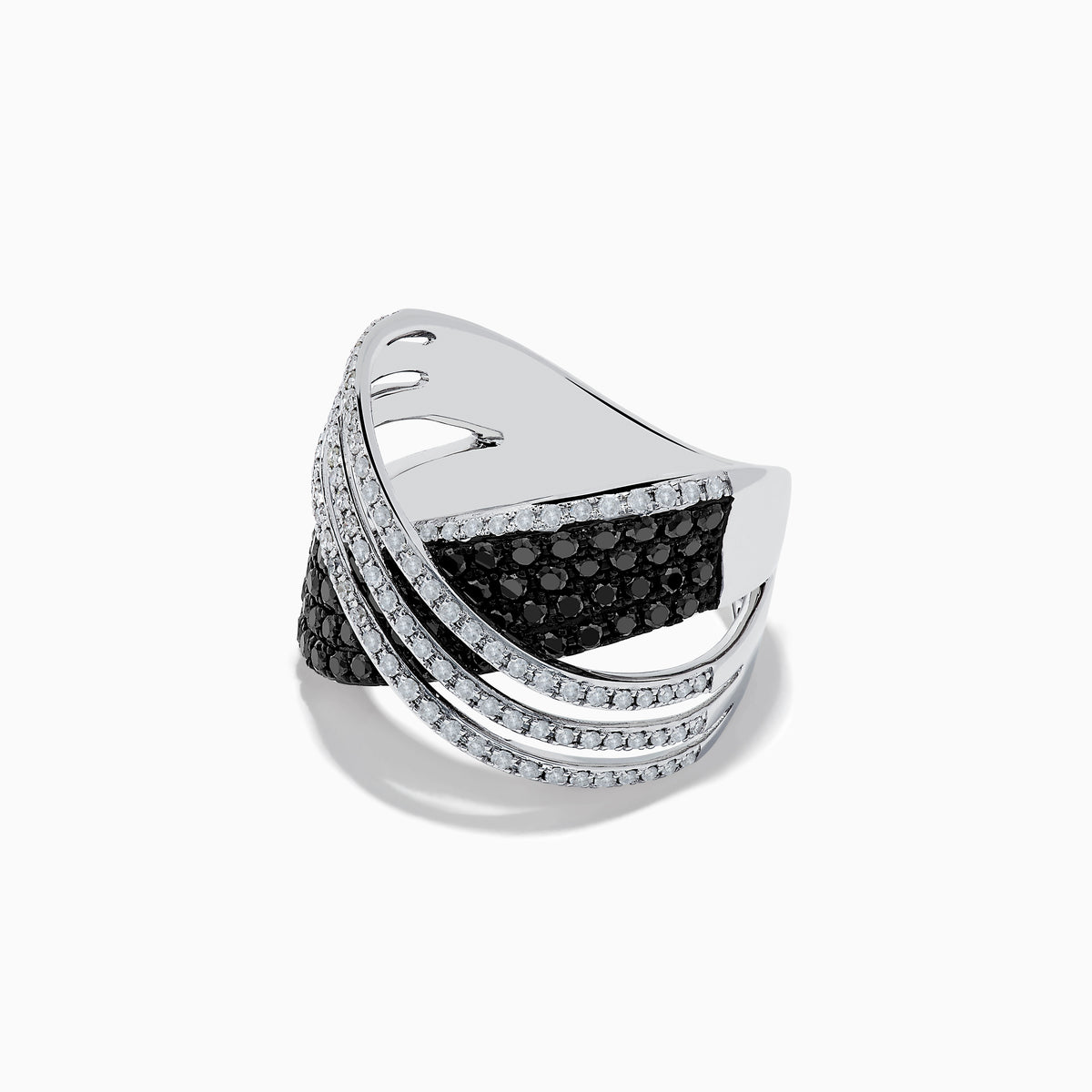 The 14K White Gold White and Black Diamond Criss Cross Ring features an overlapping wide band with alternating rows of black and white diamonds set in polished white gold.