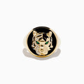 The Mens 14K Yellow Gold Emerald, Onyx and Diamond Tiger Ring features a bold tiger face with emerald eyes, onyx accents, diamond detailing, and black and gold highlights.