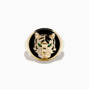 The Mens 14K Yellow Gold Emerald, Onyx and Diamond Tiger Ring features a bold tiger face with emerald eyes, onyx accents, diamond detailing, and black and gold highlights.