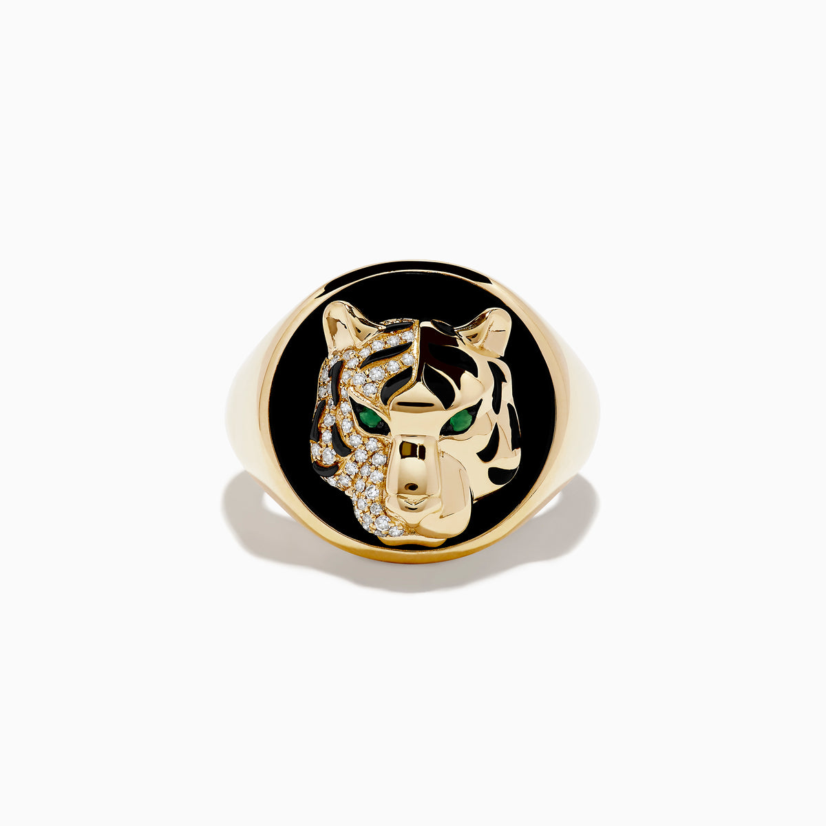 The Mens 14K Yellow Gold Emerald, Onyx and Diamond Tiger Ring features a bold tiger face with emerald eyes, onyx accents, diamond detailing, and black and gold highlights.