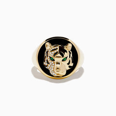 The Mens 14K Yellow Gold Emerald, Onyx and Diamond Tiger Ring features a bold tiger face with emerald eyes, onyx accents, diamond detailing, and black and gold highlights.