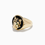 The Mens 14K Yellow Gold Emerald, Onyx and Diamond Tiger Ring features a bold tiger face with emerald eyes, onyx accents, diamond detailing, and black and gold highlights.
