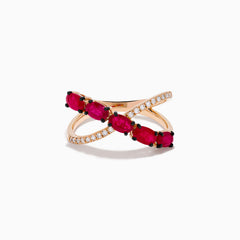 The 14K Rose Gold Diamond and Natural Ruby Criss Cross Ring features five oval red rubies on one band and small white diamonds on the other, set against a white background.