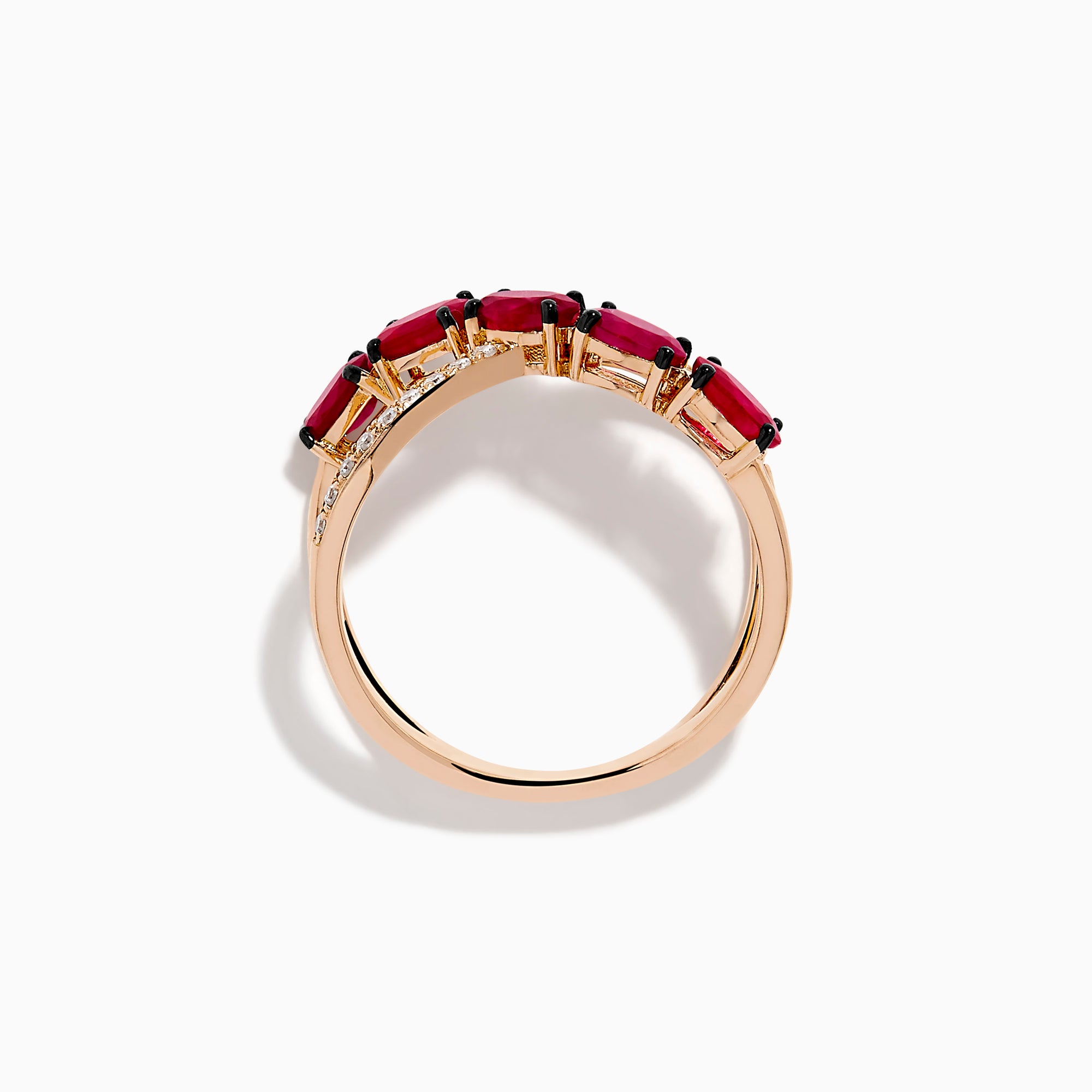 The 14K Rose Gold Diamond and Natural Ruby Criss Cross Ring features five oval red rubies on one band and small white diamonds on the other, set against a white background.