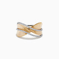The DOro 14K Textured Gold Diamond Crossover Ring features a wide, brushed gold band with two wavy, crisscrossing diamond bands set in white metal, shown on a white background.