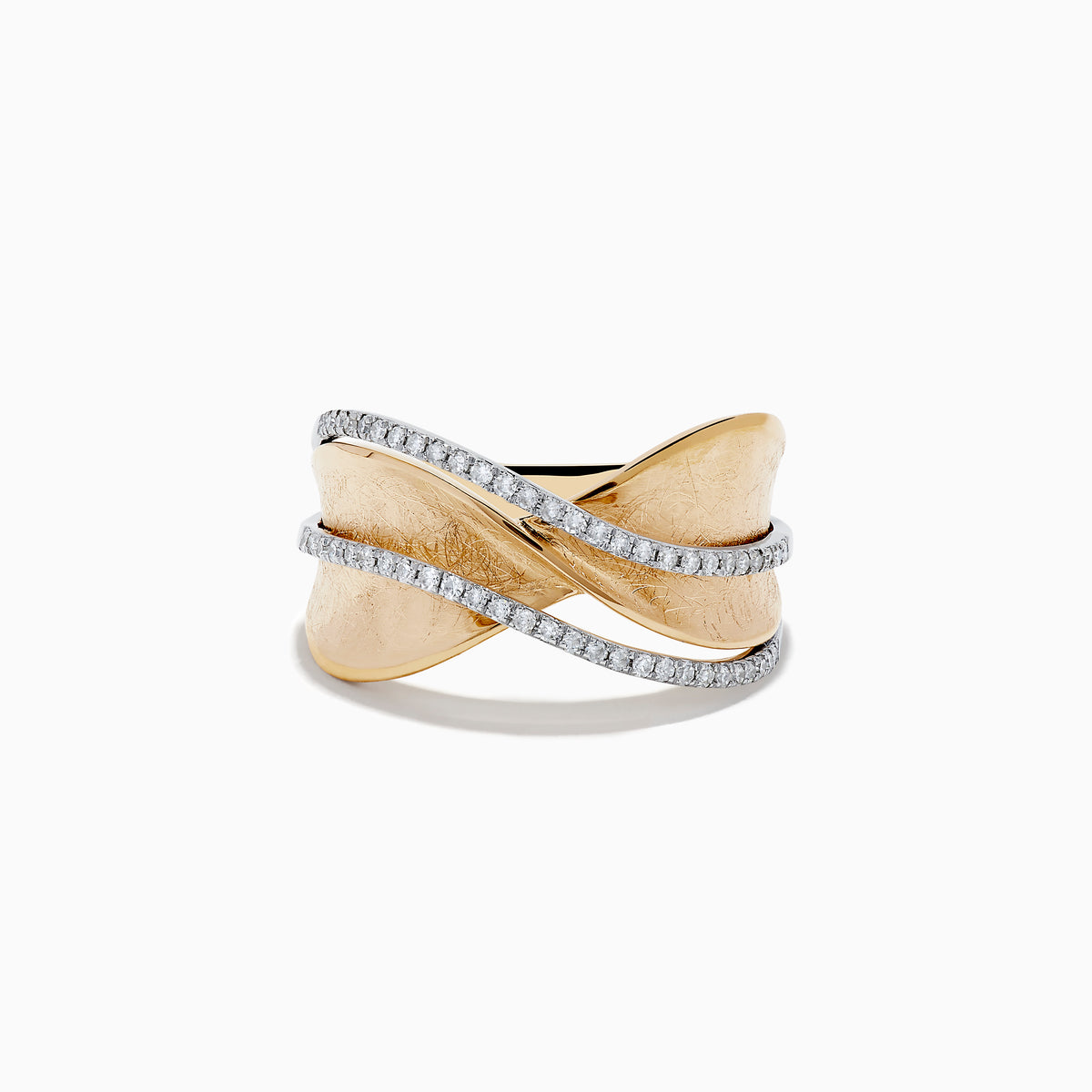 The DOro 14K Textured Gold Diamond Crossover Ring features a wide, brushed gold band with two wavy, crisscrossing diamond bands set in white metal, shown on a white background.