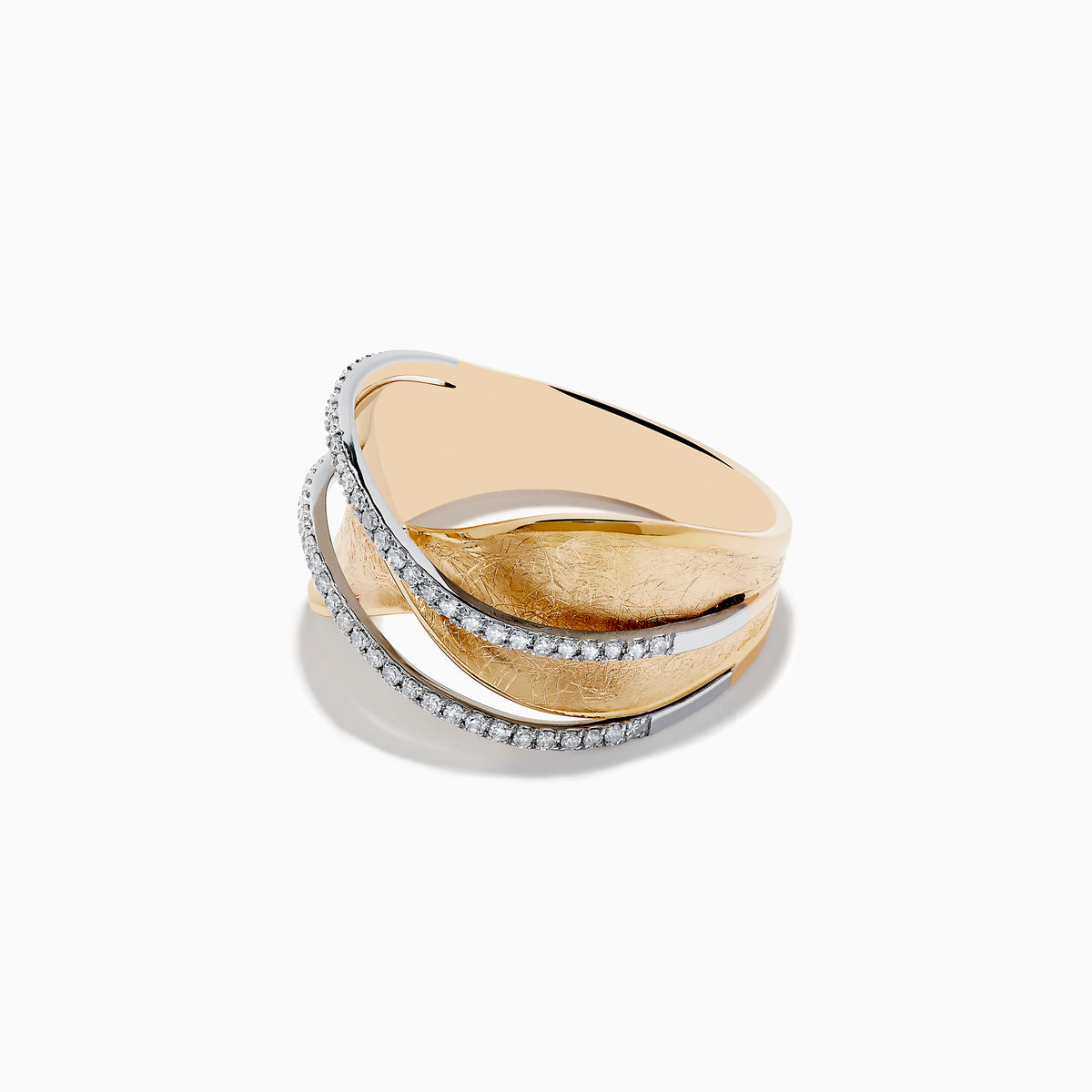 The DOro 14K Textured Gold Diamond Crossover Ring features a wide, brushed gold band with two wavy, crisscrossing diamond bands set in white metal, shown on a white background.