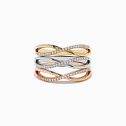 The Trio 14K 3-Tone Gold Diamond Stackable Crossover Rings Set of 3 features yellow, white, and rose gold bands, each with a crossover infinity design and sparkling diamond accents—perfect for stacking or wearing individually.