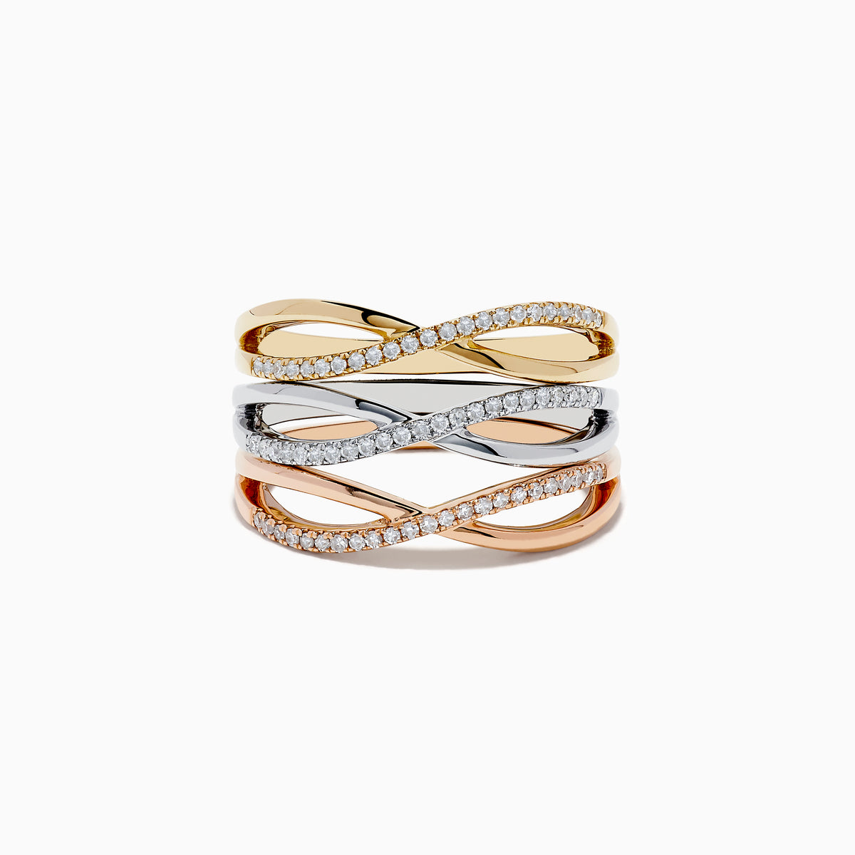 The Trio 14K 3-Tone Gold Diamond Stackable Crossover Rings Set of 3 features yellow, white, and rose gold bands, each with a crossover infinity design and sparkling diamond accents—perfect for stacking or wearing individually.