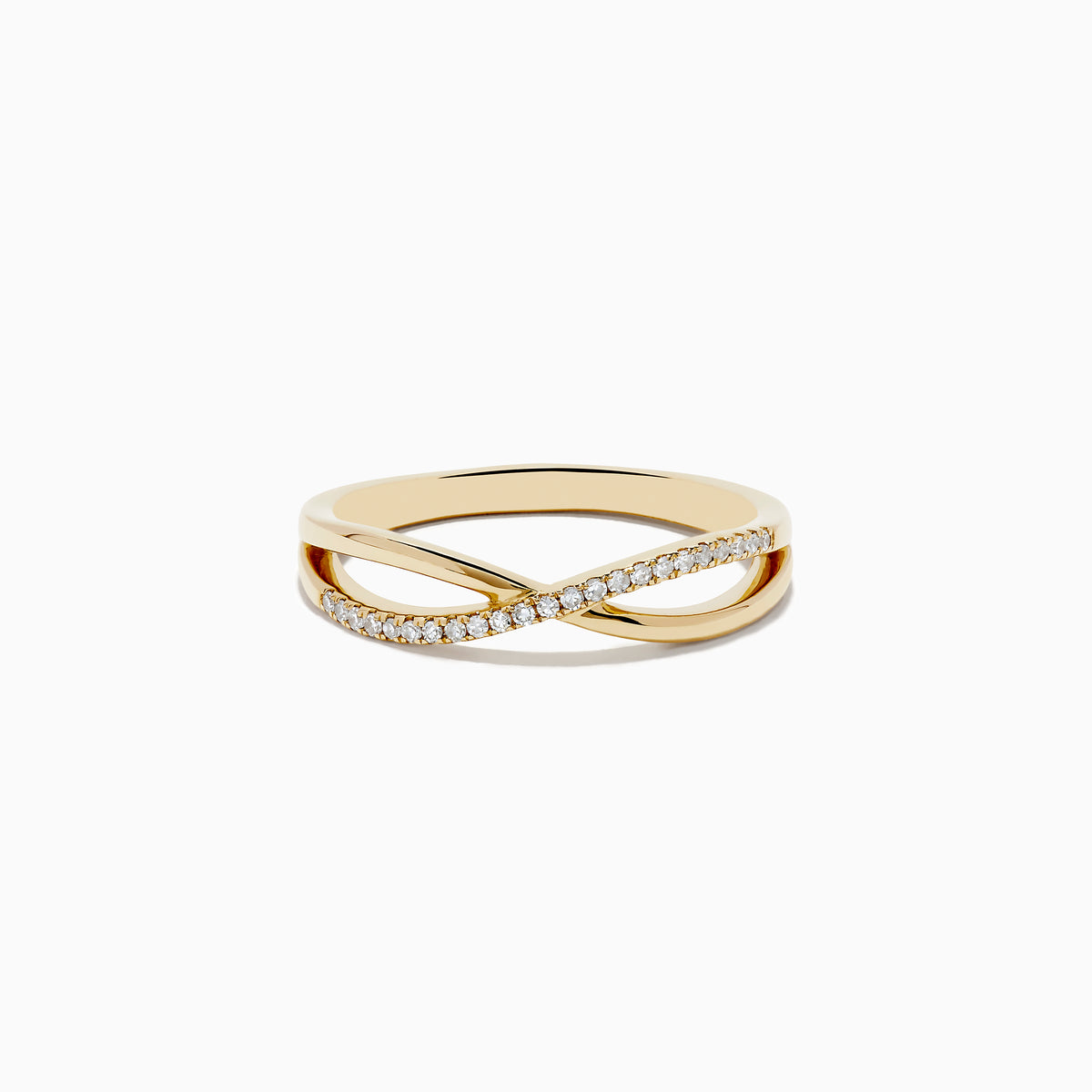 The Trio 14K 3-Tone Gold Diamond Stackable Crossover Rings Set of 3 features yellow, white, and rose gold bands, each with a crossover infinity design and sparkling diamond accents—perfect for stacking or wearing individually.