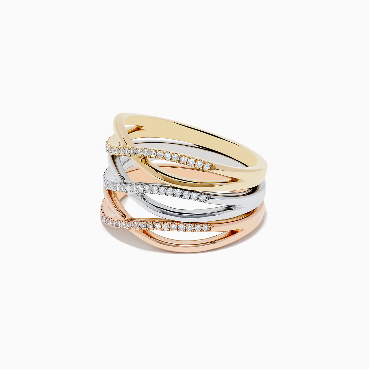The Trio 14K 3-Tone Gold Diamond Stackable Crossover Rings Set of 3 features yellow, white, and rose gold bands, each with a crossover infinity design and sparkling diamond accents—perfect for stacking or wearing individually.