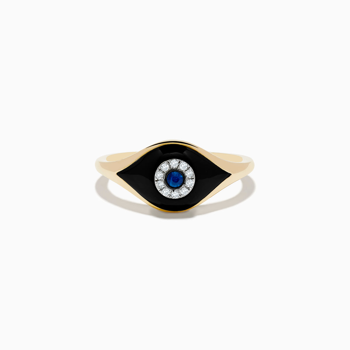 The Novelty 14K Yellow Gold Sapphire Agate and Diamond Evil Eye Ring features a striking eye design with black enamel, a circle of small diamonds, and a central sapphire agate, photographed on a white background.