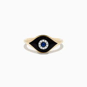 The Novelty 14K Yellow Gold Sapphire Agate and Diamond Evil Eye Ring features a striking eye design with black enamel, a circle of small diamonds, and a central sapphire agate, photographed on a white background.