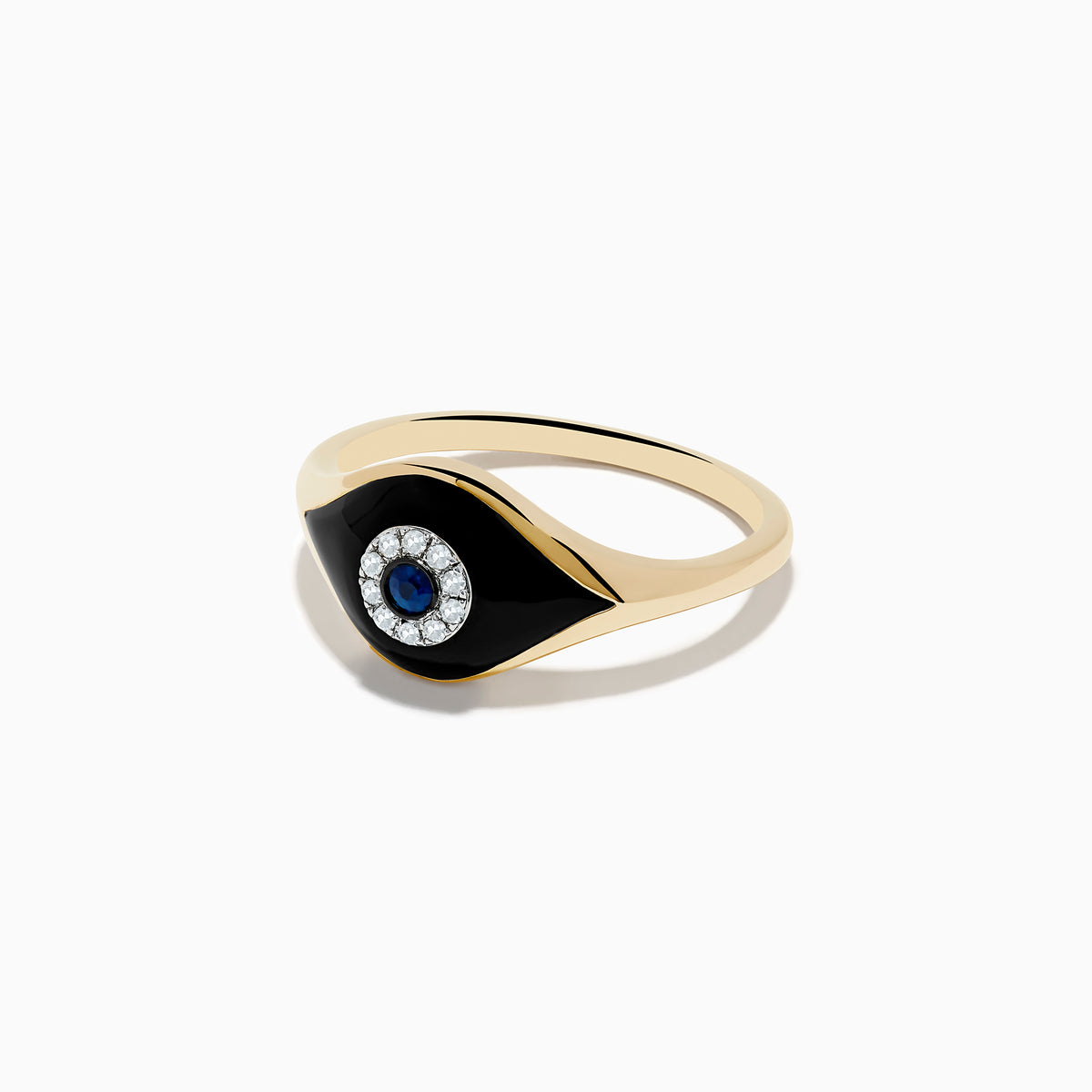 The Novelty 14K Yellow Gold Sapphire Agate and Diamond Evil Eye Ring features a striking eye design with black enamel, a circle of small diamonds, and a central sapphire agate, photographed on a white background.
