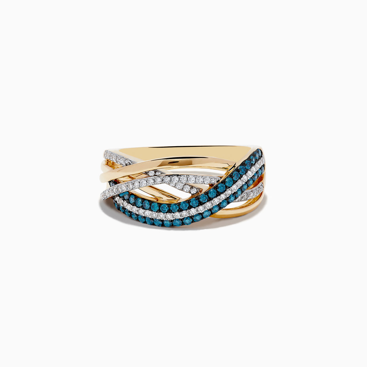 The Bella Bleu 14K Yellow Gold Blue and White Diamond Crossover Ring features intertwining bands set with blue and white diamonds, creating an elegant wavy design against a white background.